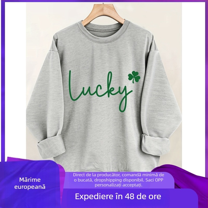 Pulover lejer pentru femei cu imprimeu de litere și trifoi cu patru foi, mâneci lungi, guler rotund, toamnă-iarnă