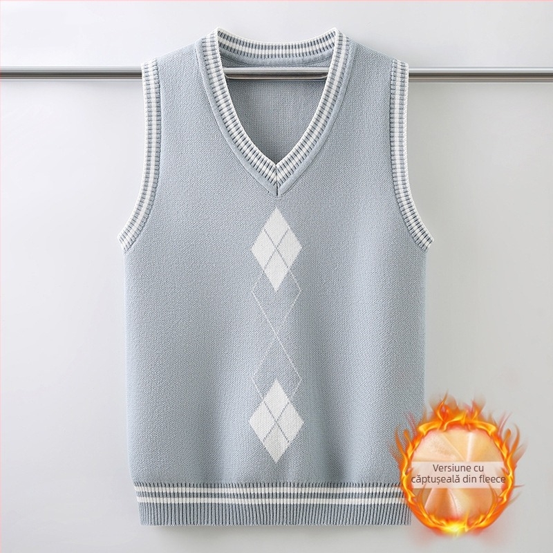 Vestă tricotată pentru uniformă școlară pentru băieți, căptușită cu fleece, toamnă-iarnă, decolteu în V, culoare solidă