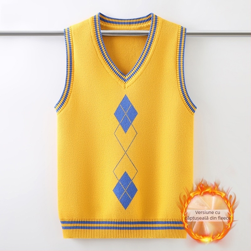 Vestă tricotată pentru uniformă școlară pentru băieți, căptușită cu fleece, toamnă-iarnă, decolteu în V, culoare solidă