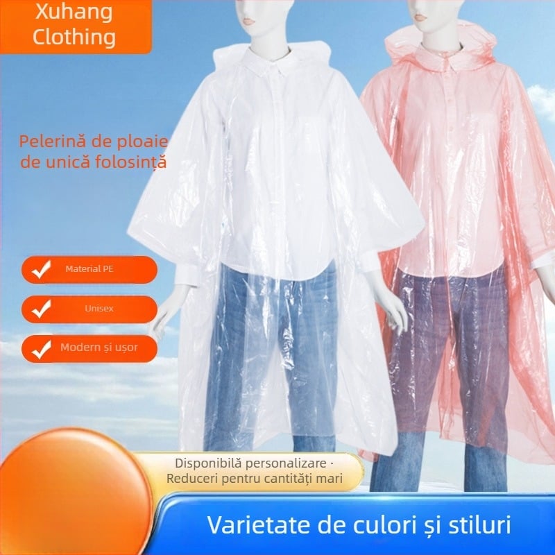 Pelerină de ploaie transparentă din PE, de unică folosință, pentru drumeții în aer liber, poncho unisex