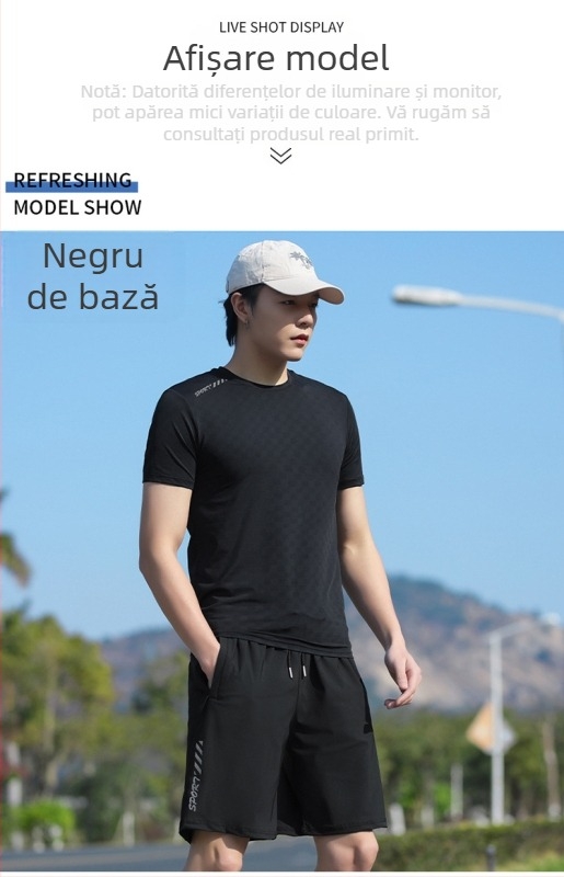 Tricou bărbați cu guler rotund, mâneci scurte, stil japonez retro, țesătură Ice Silk subțire, uscare rapidă, respirabil, elastic, vară
