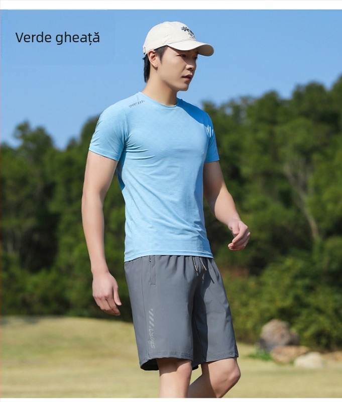 Tricou bărbați cu guler rotund, mâneci scurte, stil japonez retro, țesătură Ice Silk subțire, uscare rapidă, respirabil, elastic, vară