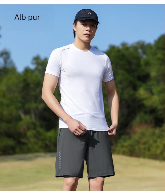 Tricou bărbați cu guler rotund, mâneci scurte, stil japonez retro, țesătură Ice Silk subțire, uscare rapidă, respirabil, elastic, vară