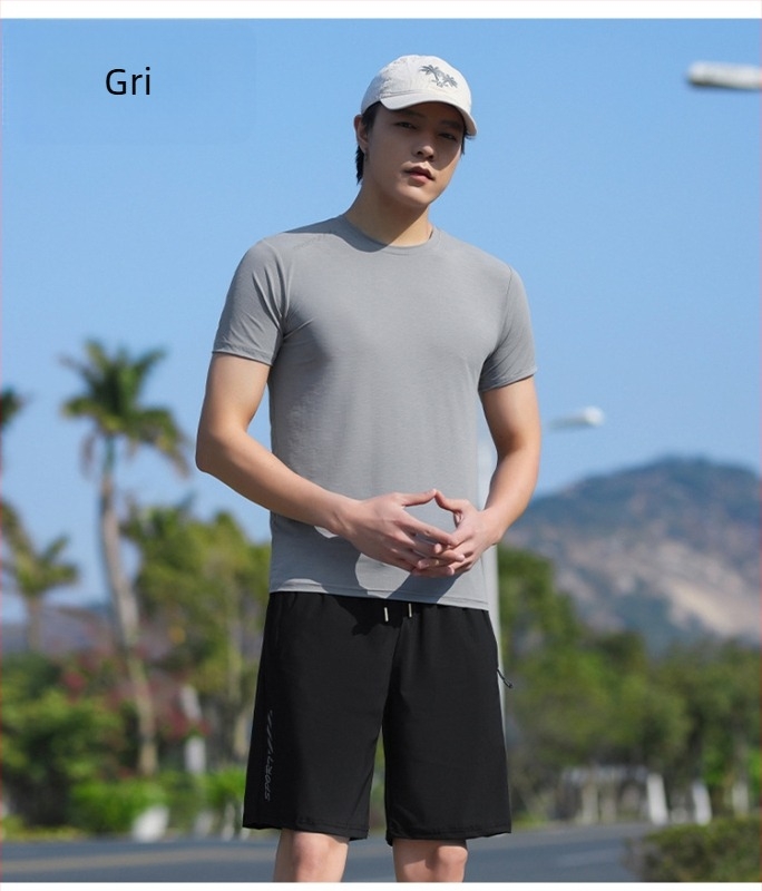 Tricou bărbați cu guler rotund, mâneci scurte, stil japonez retro, țesătură Ice Silk subțire, uscare rapidă, respirabil, elastic, vară