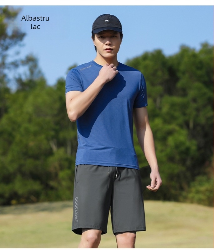 Tricou bărbați cu guler rotund, mâneci scurte, stil japonez retro, țesătură Ice Silk subțire, uscare rapidă, respirabil, elastic, vară