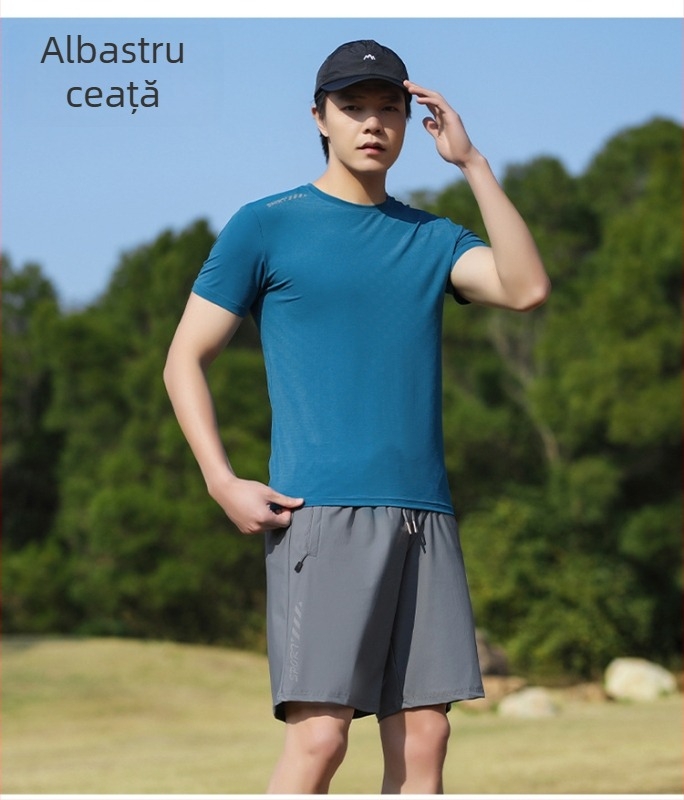Tricou bărbați cu guler rotund, mâneci scurte, stil japonez retro, țesătură Ice Silk subțire, uscare rapidă, respirabil, elastic, vară