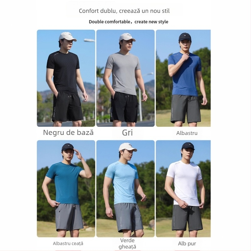 Tricou bărbați cu guler rotund, mâneci scurte, stil japonez retro, țesătură Ice Silk subțire, uscare rapidă, respirabil, elastic, vară