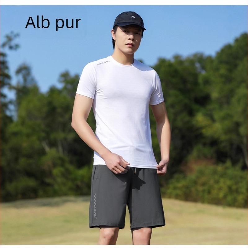 Tricou bărbați cu guler rotund, mâneci scurte, stil japonez retro, țesătură Ice Silk subțire, uscare rapidă, respirabil, elastic, vară