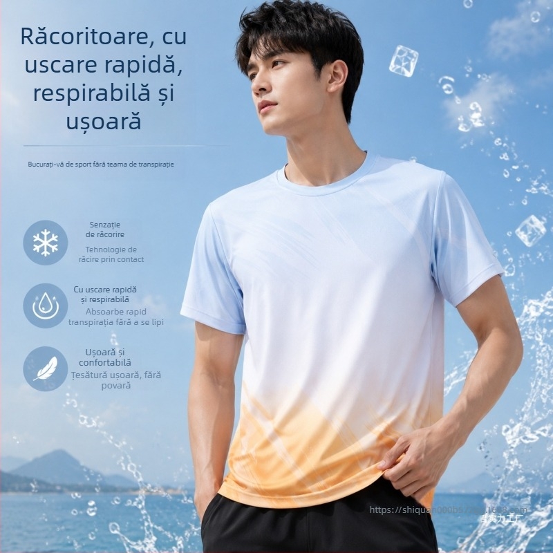 Tricou cu mâneci scurte, răcoros pentru vară, din material ice silk respirabil și uscare rapidă, casual și versatil pentru antrenamente, cu model diamant