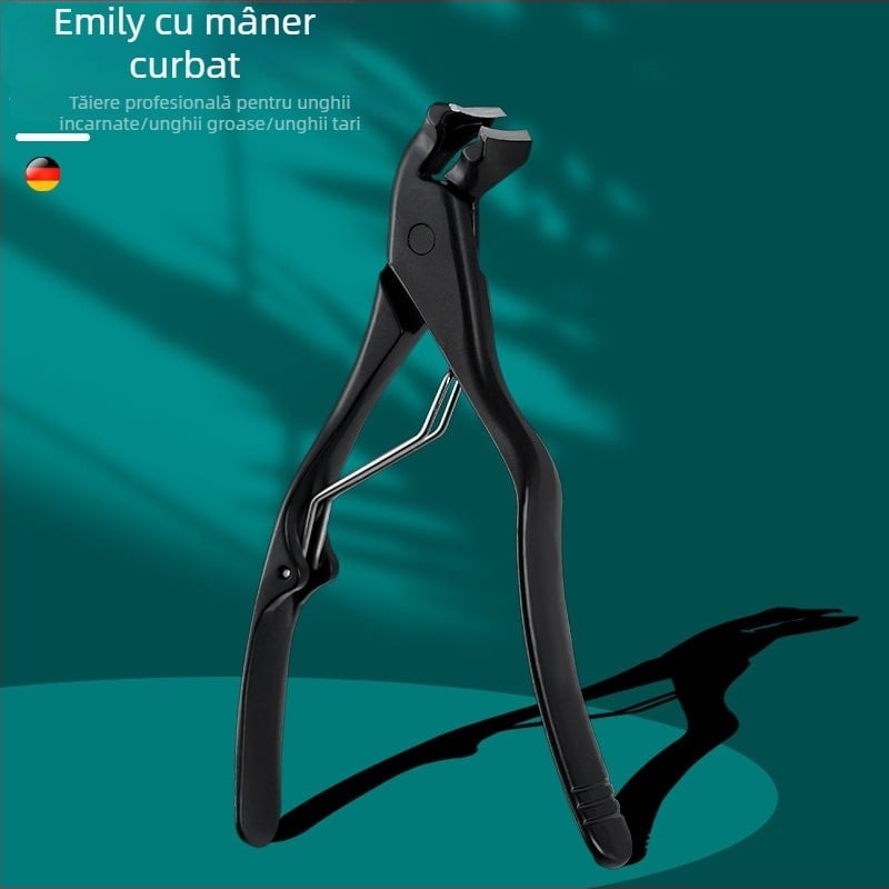 Tăietor de unghii cu mâner lung și cap curbat, protecție împotriva stropirilor, finisaj pudrat, deschidere mare