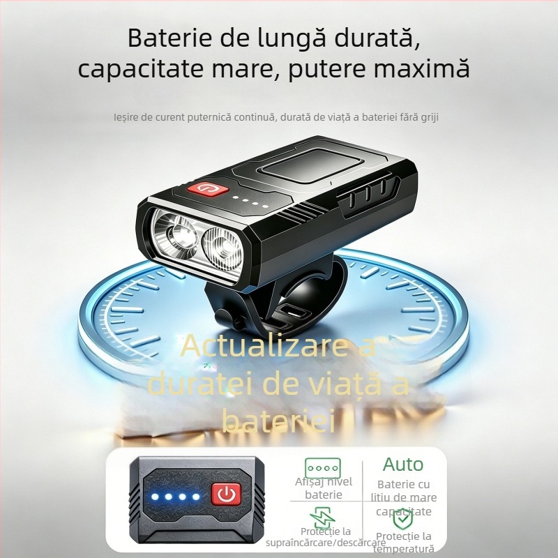 Lumină frontală USB-C reîncărcabilă pentru bicicletă – pentru noapte, ciclism în aer liber și MTB, cu indicator de autonomie