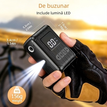 Pompa de bicicletă portabilă, mini, brushless, electrică, cu control inteligent al presiunii pentru ciclism pe drum și munte
