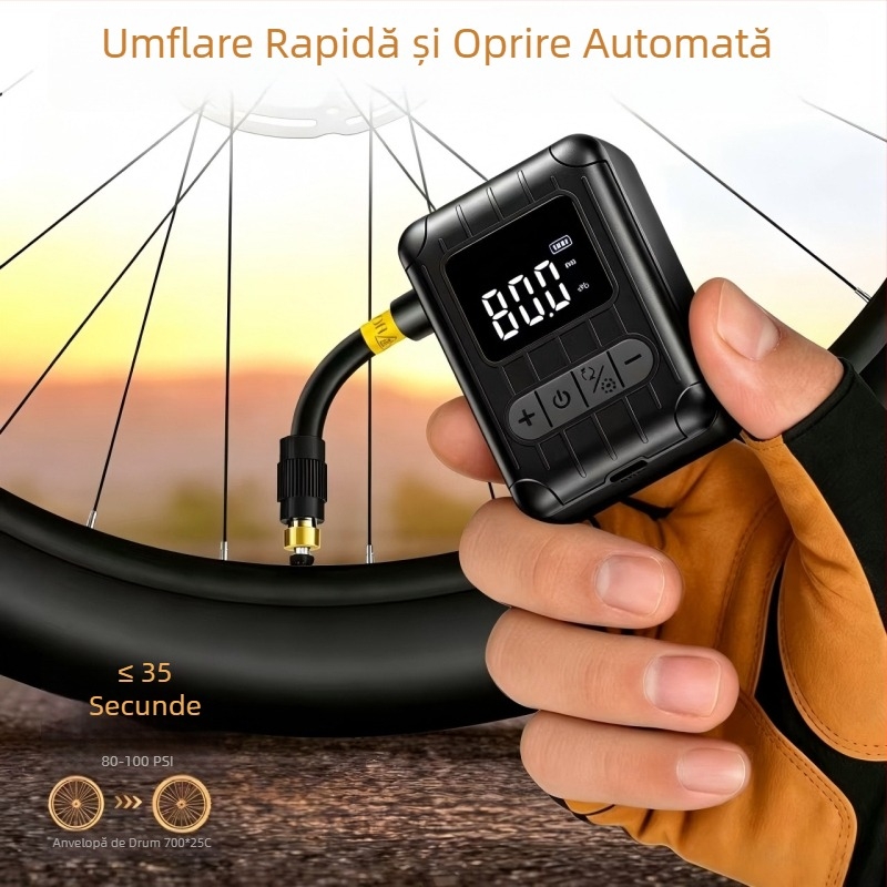 Pompa de bicicletă portabilă, mini, brushless, electrică, cu control inteligent al presiunii pentru ciclism pe drum și munte