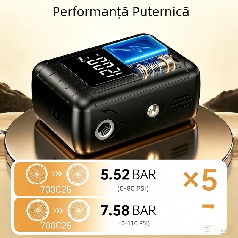 Pompa de bicicletă portabilă, mini, brushless, electrică, cu control inteligent al presiunii pentru ciclism pe drum și munte