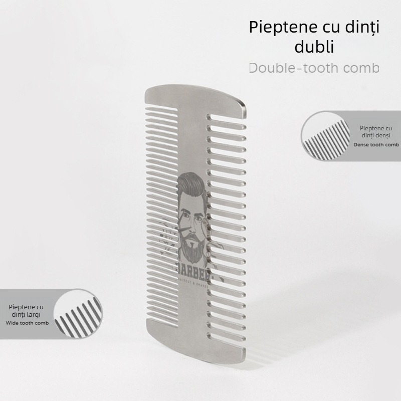 Pieptene dublu față pentru barbă, oțel inoxidabil, stil barber, compact sub 10 cm