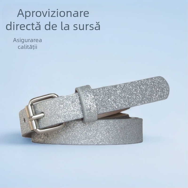 Curea pentru femei din piele PU cu strălucire, roz și argintiu, stil euro-american, curea subțire (<2 cm), lungime 105 cm, cataramă cu pin