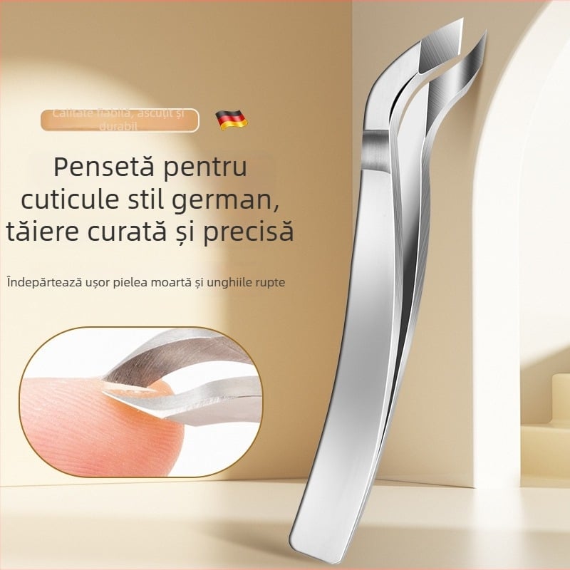 Unelte de manichiură din oțel inoxidabil pentru salon: clește pentru cuticule, foarfecă pentru cuticule, clește pentru pielițe, pense pentru exfoliere, îndepățător de piele moartă cu vârf înclinat