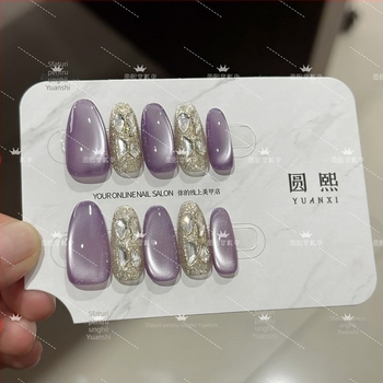 Unghii mov cu efect cat-eye, lucrate manual, cu diamante, benzi detașabile pentru unghii, calitate premium