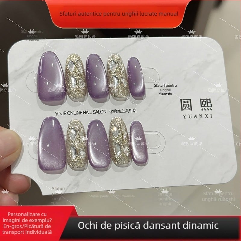 Unghii mov cu efect cat-eye, lucrate manual, cu diamante, benzi detașabile pentru unghii, calitate premium