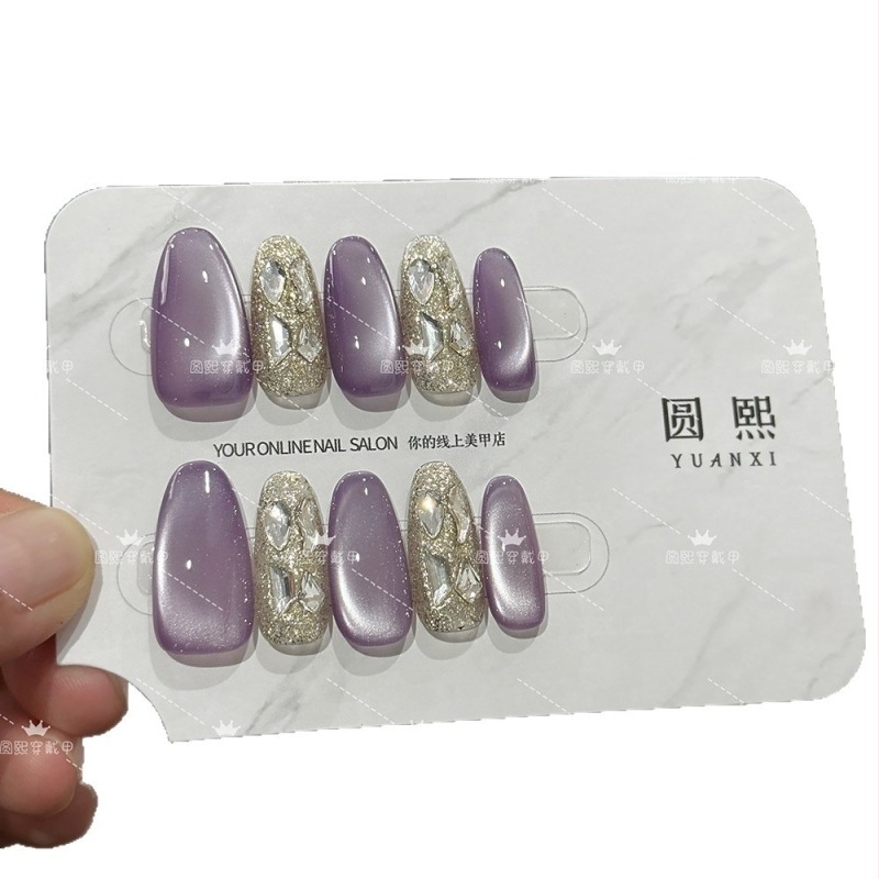 Unghii mov cu efect cat-eye, lucrate manual, cu diamante, benzi detașabile pentru unghii, calitate premium