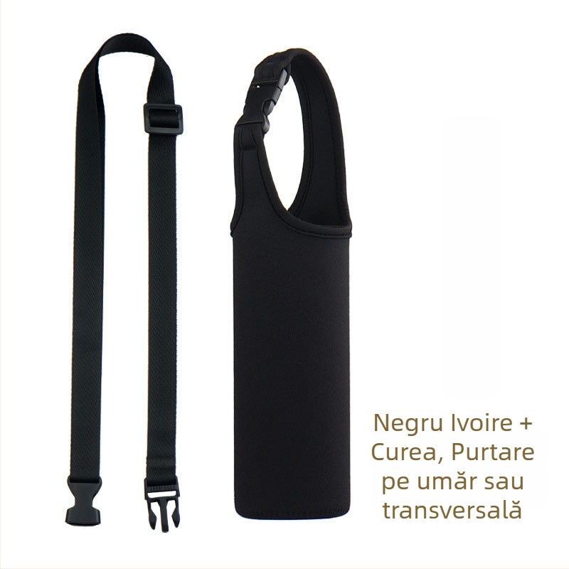 Manșon pentru ceașcă din material textil, culoare uni, cu logo imprimat, mâner textil gros, rezistent la apă