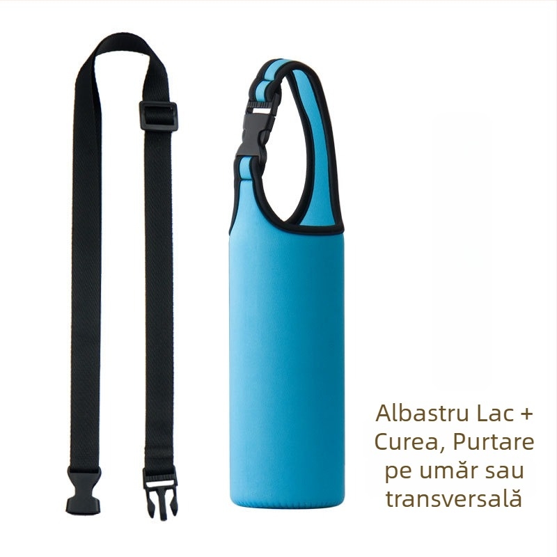 Manșon pentru ceașcă din material textil, culoare uni, cu logo imprimat, mâner textil gros, rezistent la apă
