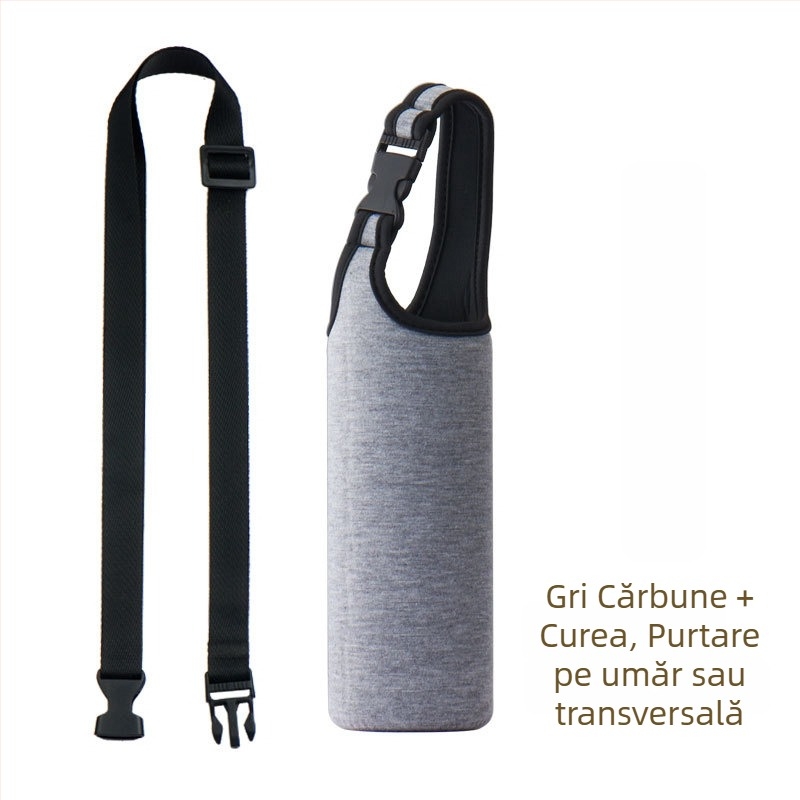 Manșon pentru ceașcă din material textil, culoare uni, cu logo imprimat, mâner textil gros, rezistent la apă