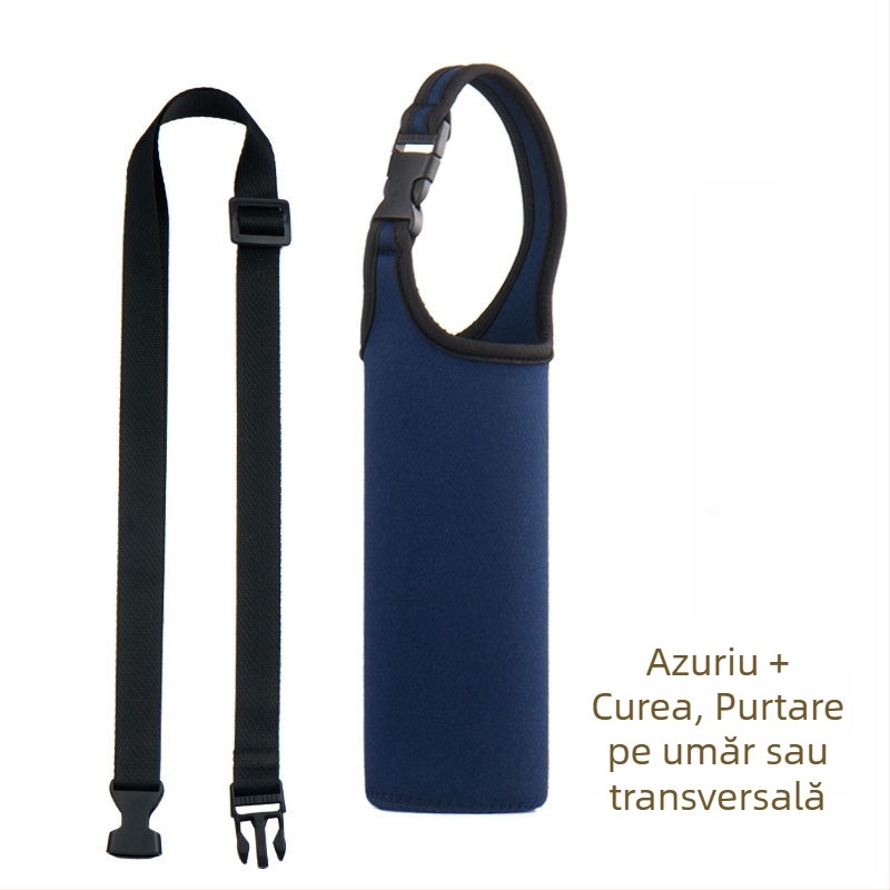 Manșon pentru ceașcă din material textil, culoare uni, cu logo imprimat, mâner textil gros, rezistent la apă
