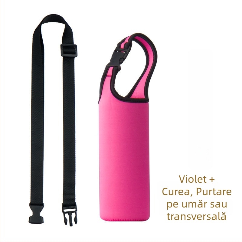 Manșon pentru ceașcă din material textil, culoare uni, cu logo imprimat, mâner textil gros, rezistent la apă
