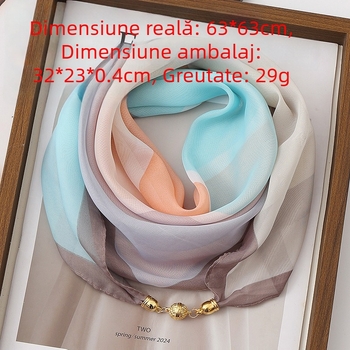 Șal din sifon cu cataramă magnetică pentru femei, stil coreean, bloc de culoare, subțire, șal de purtat la gât, decor în colț diagonal, 63×63 cm