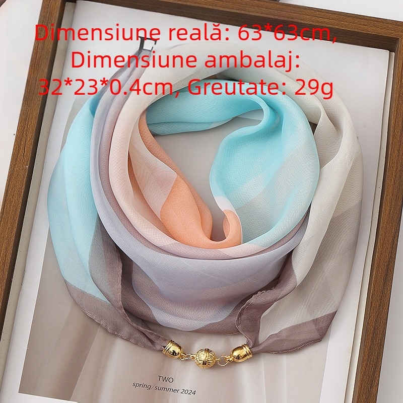 Șal din sifon cu cataramă magnetică pentru femei, stil coreean, bloc de culoare, subțire, șal de purtat la gât, decor în colț diagonal, 63×63 cm