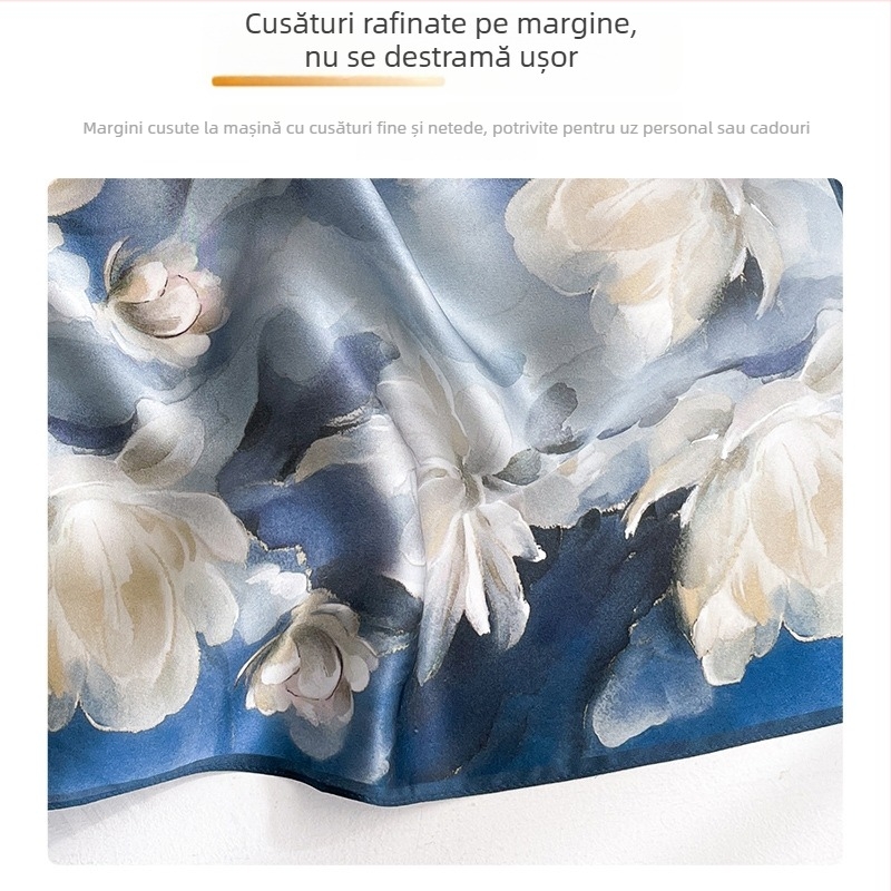 Șal pătrat de mătase albastru pentru femei, 50×50 cm, primăvară-toamnă, stil elegant.