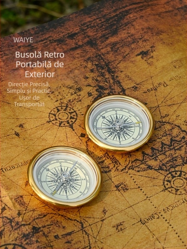 Busolă de exterior în nuanță aurie vintage, cu suprafață lucioasă, pentru drumeții montane