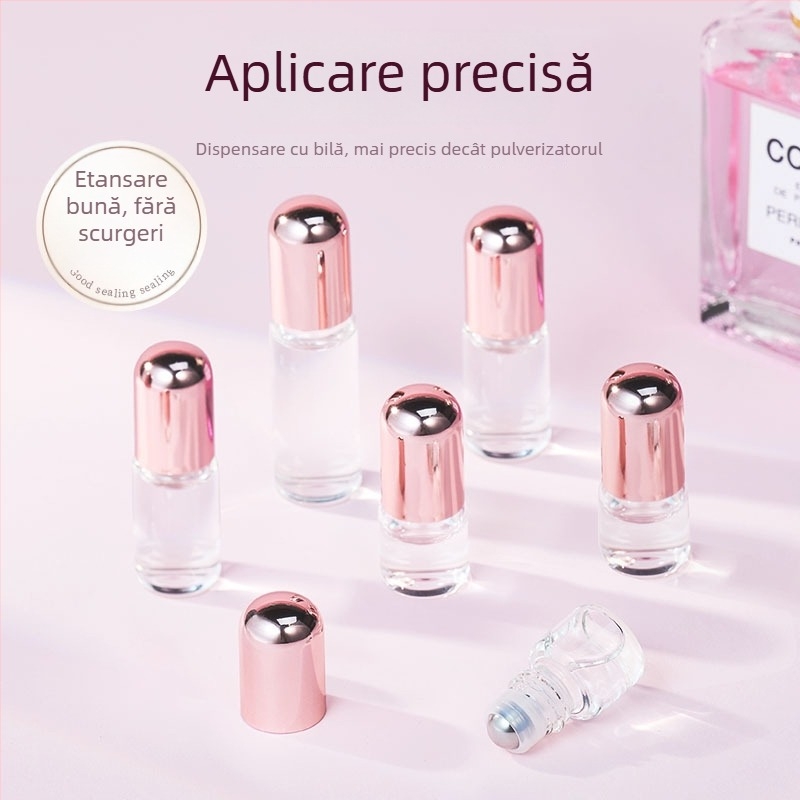Sticluță roll-on transparentă, capac roz auriu, 1 ml/2 ml/3 ml, pentru ulei esențial și parfum.