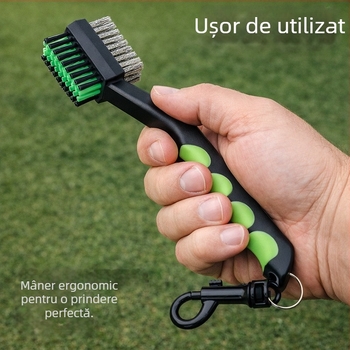 Perie de golf cu două fețe, cap din sârmă de oțel și nailon, mâner ergonomic, curățare croșelor de golf