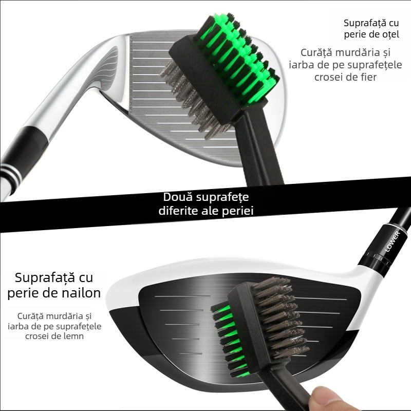 Perie de golf cu două fețe, cap din sârmă de oțel și nailon, mâner ergonomic, curățare croșelor de golf