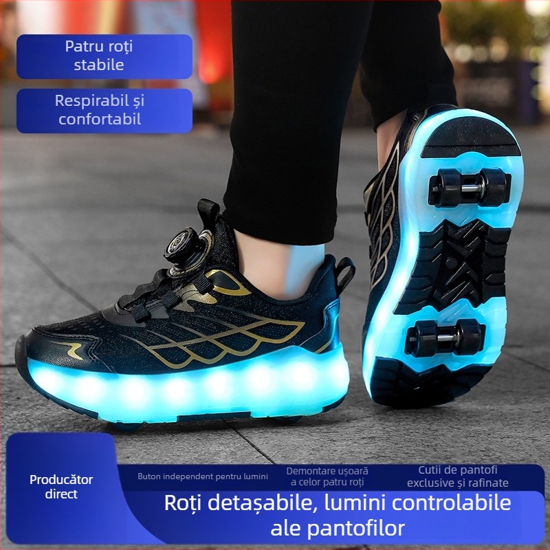 Pantofi pentru copii cu LED luminoși, cu roți duble, pentru activități în aer liber