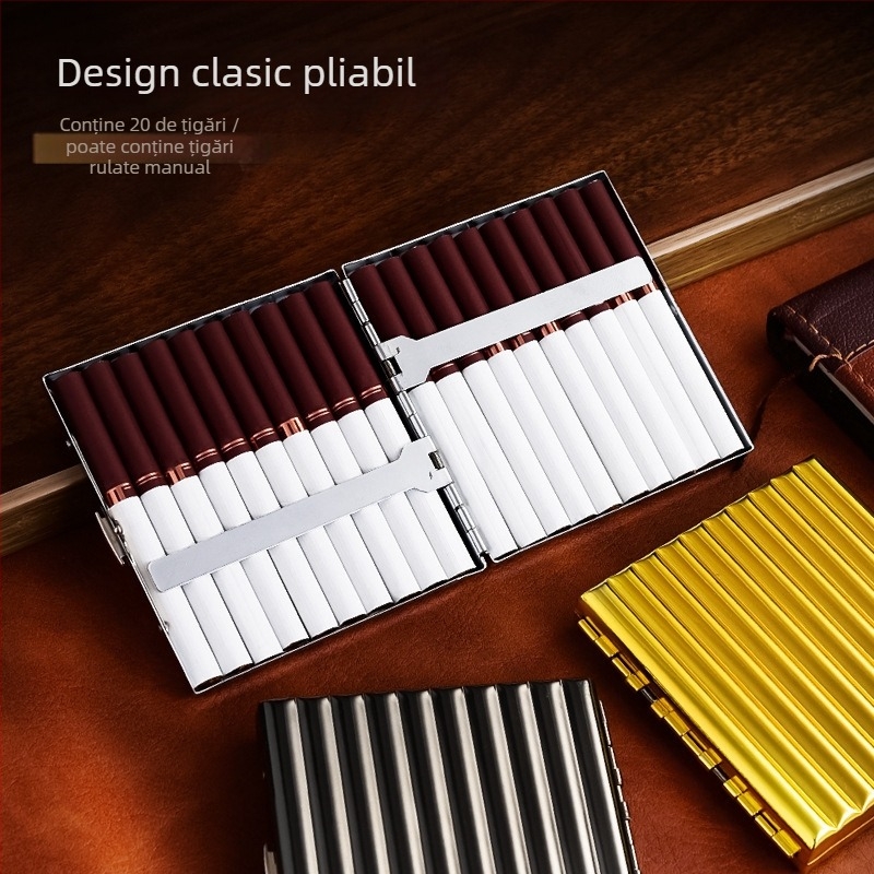 Carcasă metalică sigilată pentru țigări de dimensiune medie, aspect premium, design metal ondulat, capacitate 20 țigarete