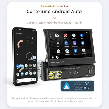 Player MP5 CarPlay wireless cu ecran retractabil de 7 inch și Bluetooth, cameră de recul