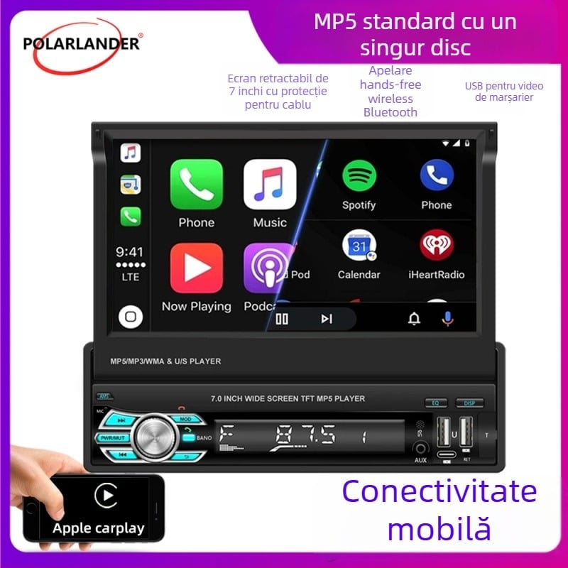 Player MP5 CarPlay wireless cu ecran retractabil de 7 inch și Bluetooth, cameră de recul