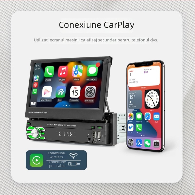 Player MP5 CarPlay wireless cu ecran retractabil de 7 inch și Bluetooth, cameră de recul