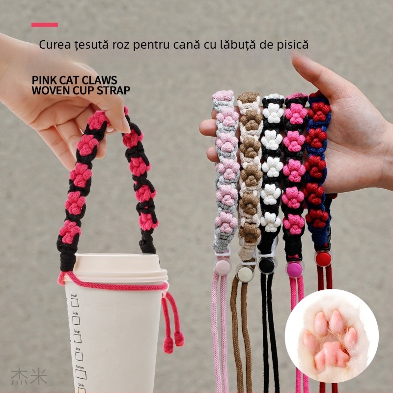 Șnur tricotat manual, boem, cu model labă de pisică pentru sticlă de apă — suport portabil pentru ceașcă, unisex, accesorii moderne