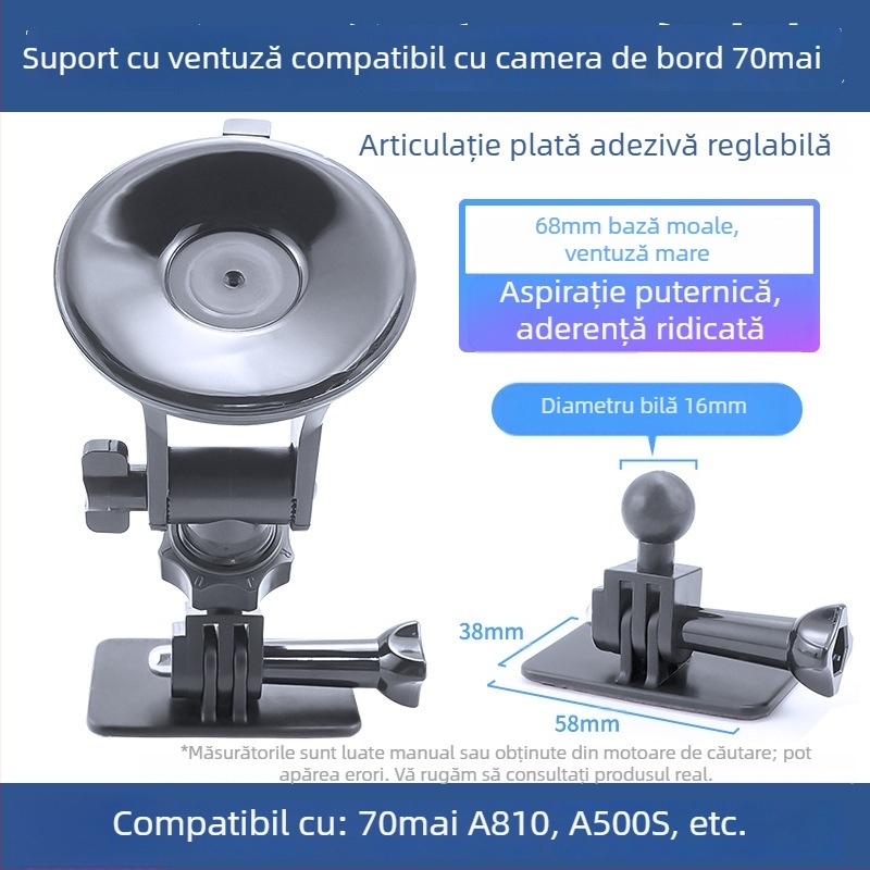 Montură cu ventuză din silicon pentru camera auto 70Mai Pro A800/A500S, bază de 68 mm, 360°