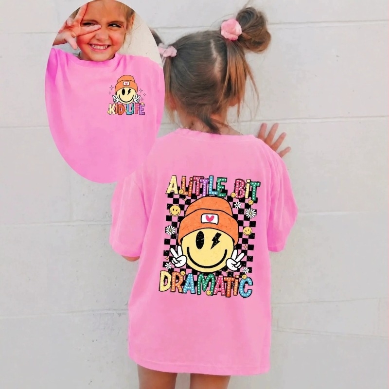 Tricou pentru copii din bumbac 100% cu model carouri și imprimeu cu față zâmbitoare, design cu text amuzant, stil de zi cu zi pentru băieți și fete