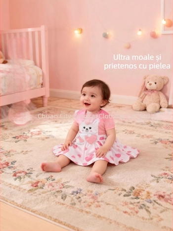 Set de vară din trei piese pentru fetițe bebeluțe: rochie cu bretele, mâneci scurte, broderie cu iepuraș și bentiță pentru păr
