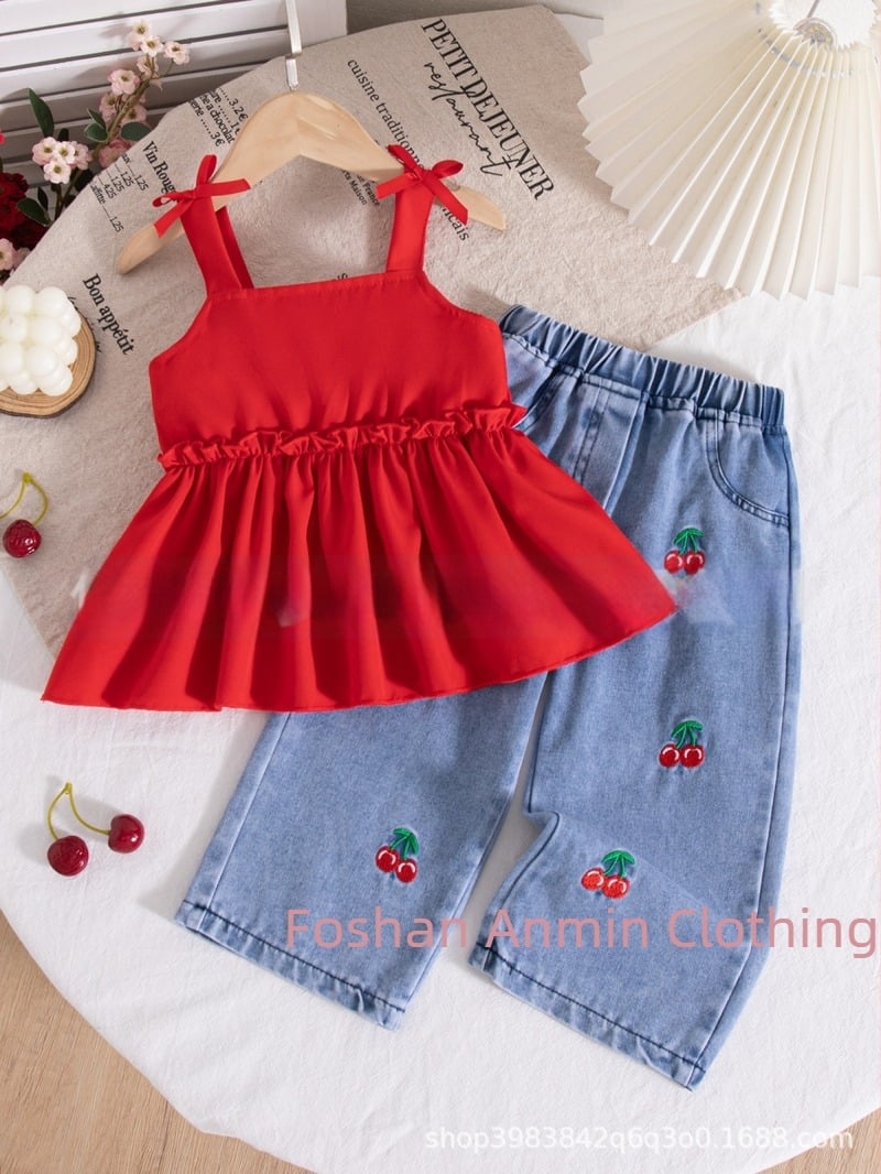 Set pentru copii primăvară-vară: top fără mâneci cu panglică roșie și dantelă cu motiv de fluture, pantaloni cu talie înaltă, broderie cu cireșe
