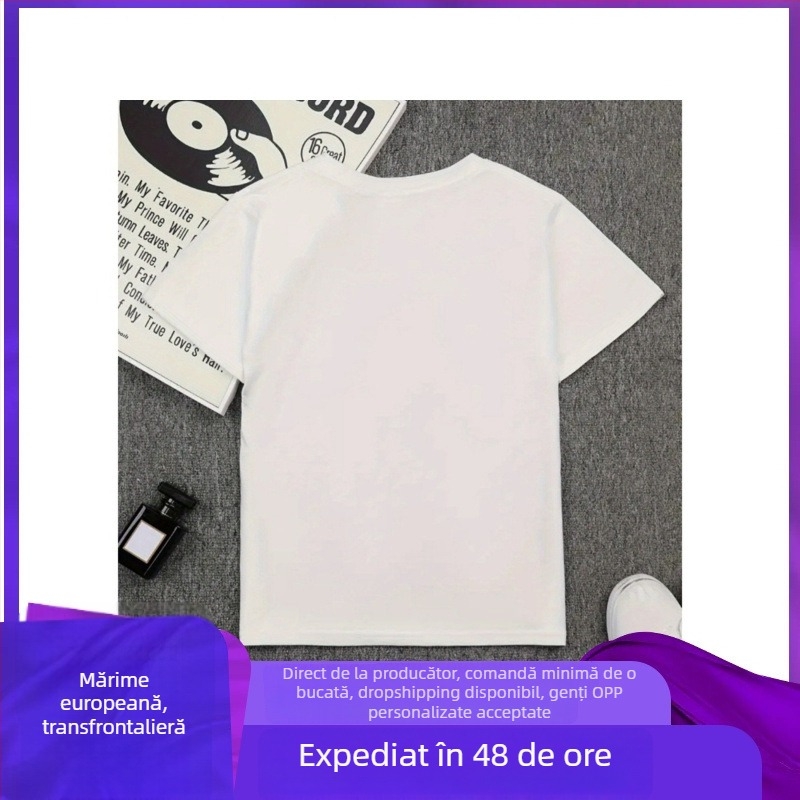 Tricou unisex din bumbac, imprimeu geometric, guler rotund, mâneci scurte, stil retro