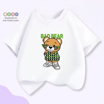 Tricou pentru copii cu mâneci scurte, patru urși drăgălați, stivuiți unul peste altul – unisex, vară, croială lejeră.