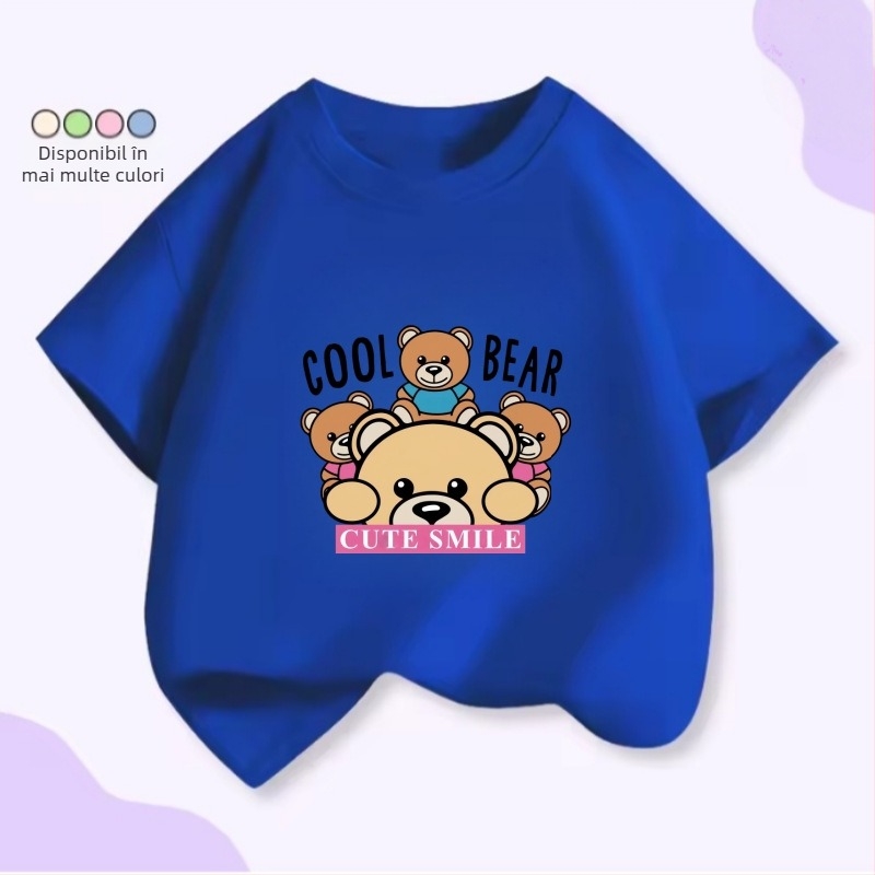 Tricou pentru copii cu mâneci scurte, patru urși drăgălați, stivuiți unul peste altul – unisex, vară, croială lejeră.