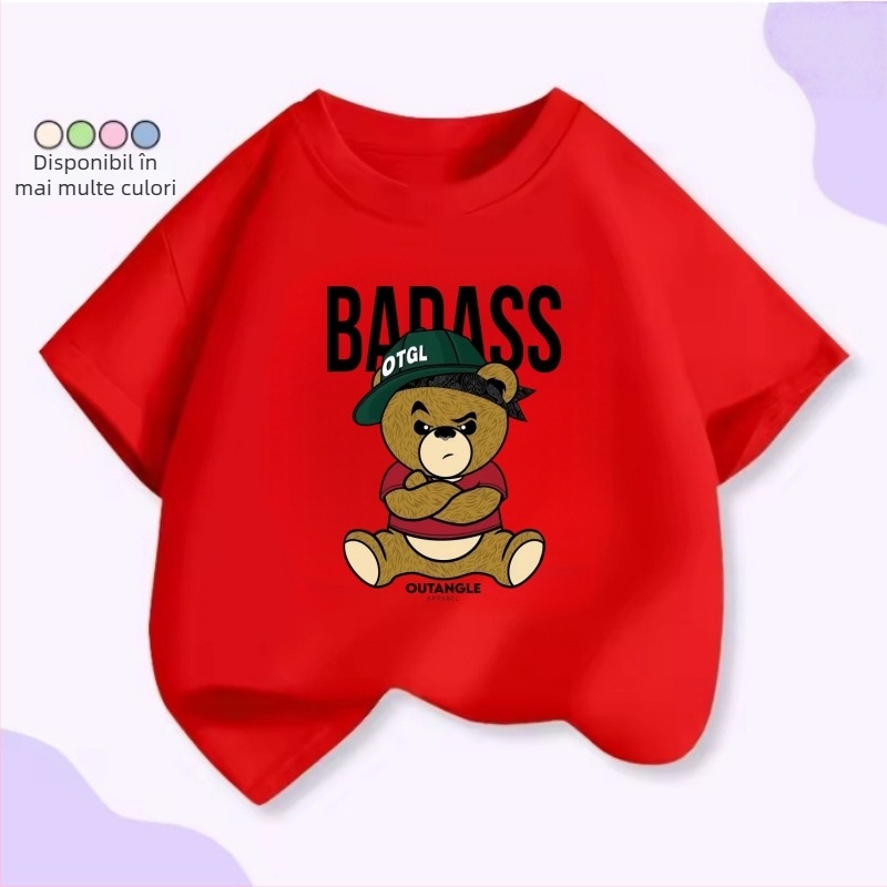 Tricou pentru copii cu mâneci scurte, patru urși drăgălați, stivuiți unul peste altul – unisex, vară, croială lejeră.